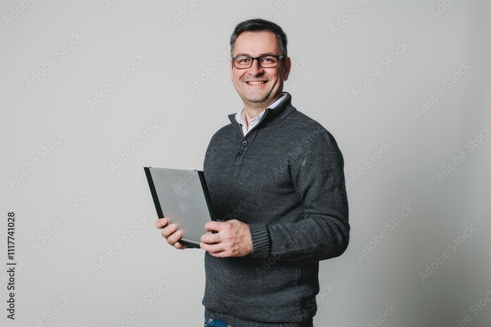Portrait of a Smiling Man Holding a Laptop, Professional Studio Shot, Friendly Businessman Portrait of a Smiling Man Holding a Laptop, Professional Studio Shot, Friendly Businessman