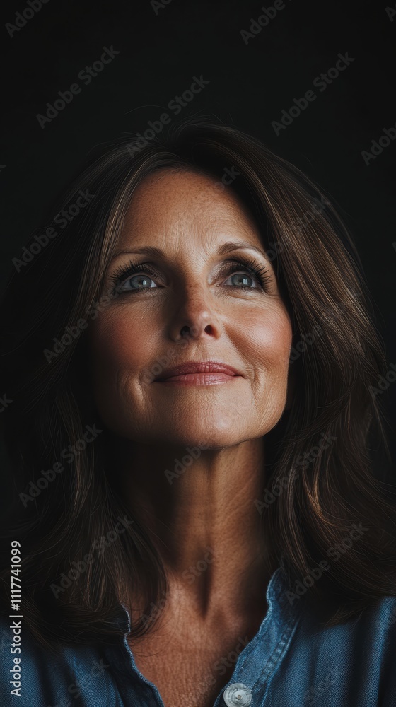 Serene portrait of a 60 years old woman against black background Serene portrait of a 60 years old woman against black background