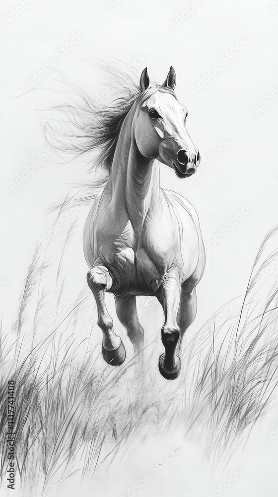 Naklejka premium A dynamic black and white drawing of a horse galloping through tall grass.