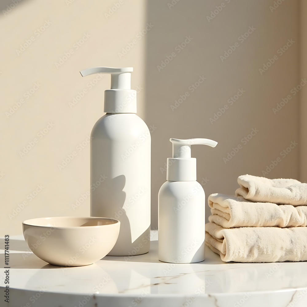 Minimalist bathroom decor with lotion bottles and towels in natural light Minimalist bathroom decor with lotion bottles and towels in natural light