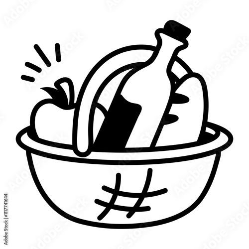 A hand drawn icon of picnic basket full of food items 

