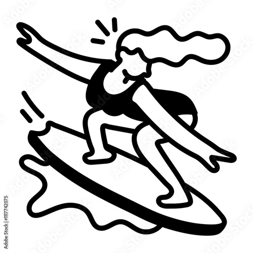 A hand drawn icon of a character surfing on a sea wave
