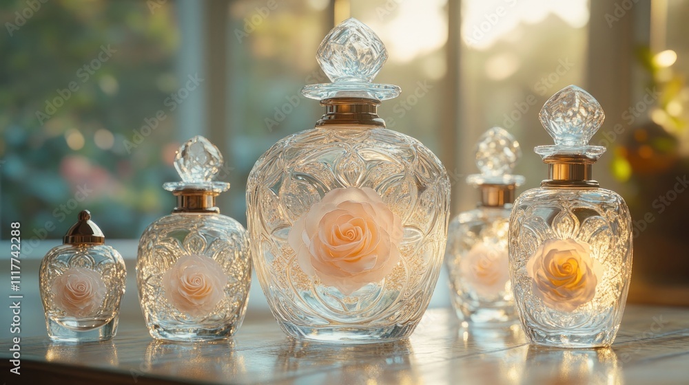 Elegant glass bottles with rose accents in soft lighting Elegant glass bottles with rose accents in soft lighting
