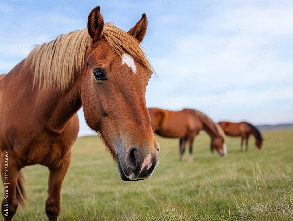 A close-up view of a beautiful brown horse grazing in a green field, capturing the essence of nature and serenity. A close-up view of a beautiful brown horse grazing in a green field, capturing the essence of nature and serenity.