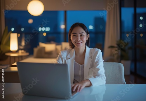 Woman working with laptop in a house, work from home concept