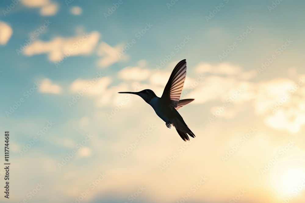 Fototapeta premium Hummingbird in Flight: A Silhouette Against a Sunset Sky