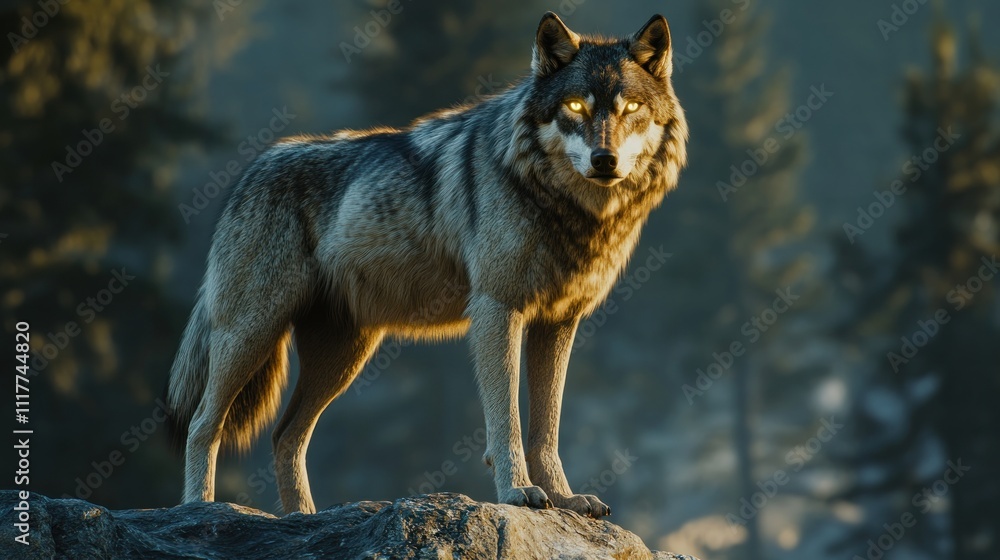 A majestic wolf standing on a rock in a forested area A majestic wolf standing on a rock in a forested area