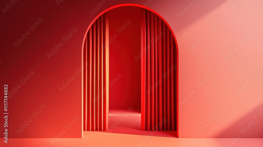 Red Archway with Draped Curtains, Minimalist Interior Design. Red Archway with Draped Curtains, Minimalist Interior Design.