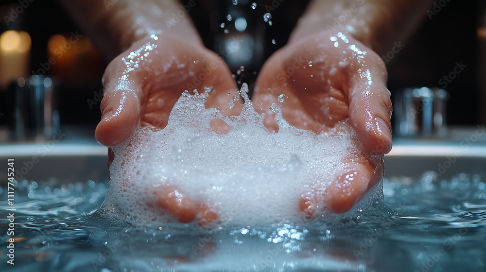 Fototapeta premium Close-up of shaving foam falling into a luxury hotel bathroom sink 