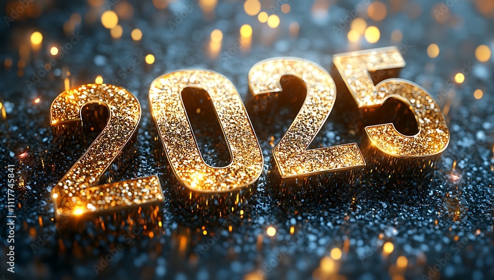 Golden Happy New Year 2025 Numbers on Black Surface. Golden Happy New Year 2025 Numbers on Black Surface.