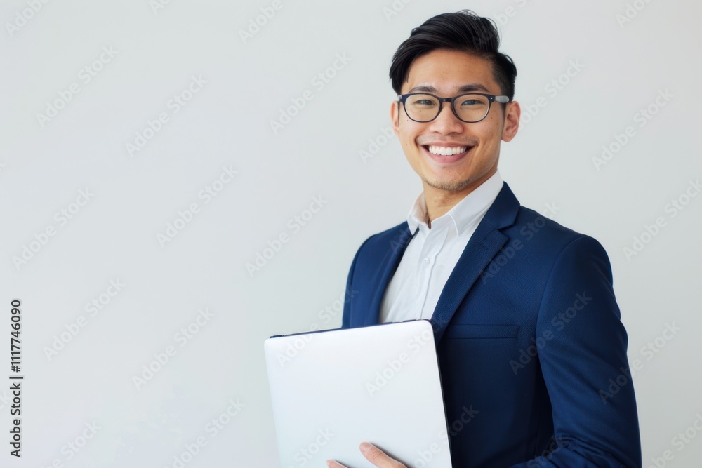 Confident Asian Businessman Holding Laptop, Smiling Portrait Confident Asian Businessman Holding Laptop, Smiling Portrait