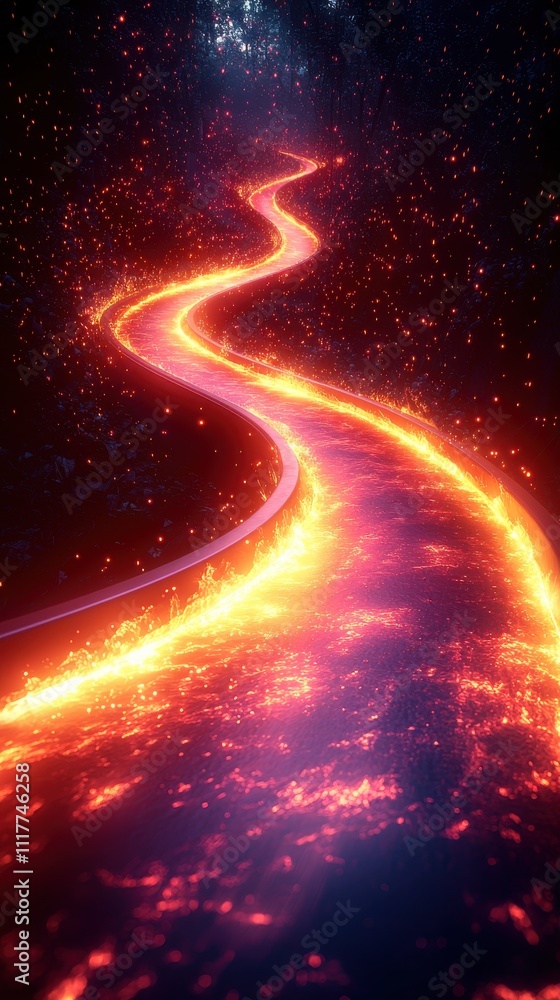 Fiery river of lava winding through a dark cosmic landscape during a surreal night scene Fiery river of lava winding through a dark cosmic landscape during a surreal night scene