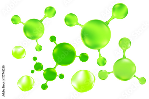 Green organic oil droplet or collagen 3D molecule icon, with liquid glowing particles, fluid bubbles, isolated PNG, transparent background. Bio serum formula. Beauty biotechnology treatment nutrition.