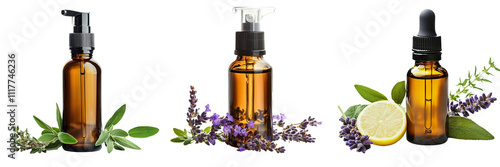 Set of spray bottle filled with natural essential oil isolated on a transparent background