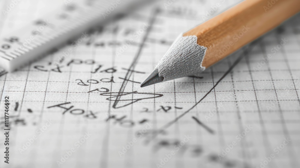 Close-up of Pencil on Graph Paper with Mathematical Equations Close-up of Pencil on Graph Paper with Mathematical Equations