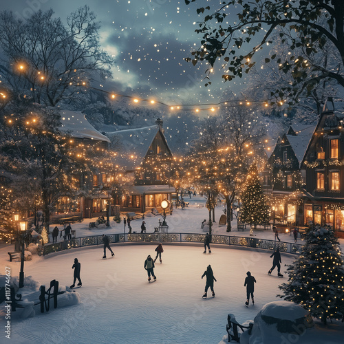  A festive ice skating rink in a snowy town square,