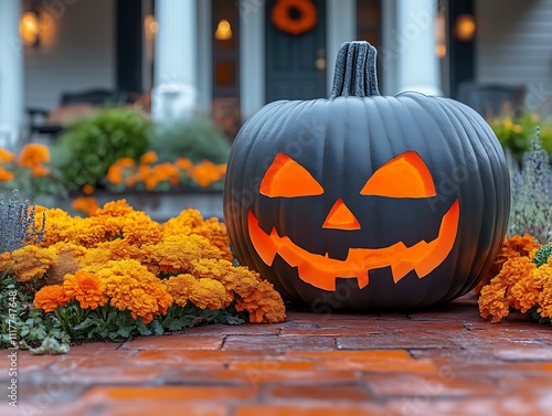 Illuminated Black Jack O Lantern Near Orange Flowers photo