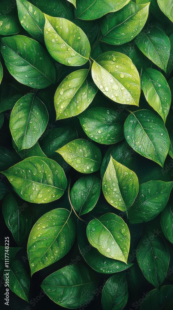 Fototapeta premium Lush green leaves glistening with water droplets in a natural arrangement