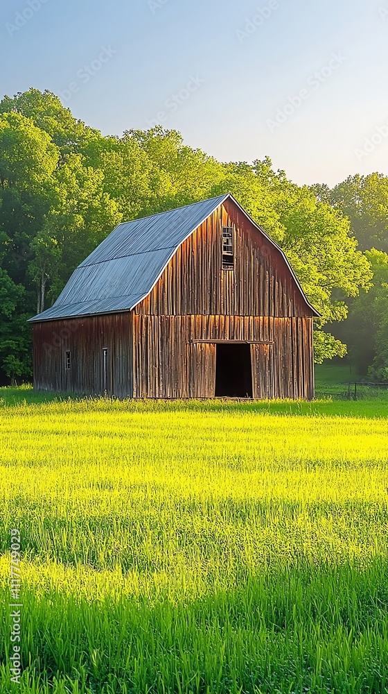 A rustic barn surrounded by lush greenery in a serene landscape. A rustic barn surrounded by lush greenery in a serene landscape.