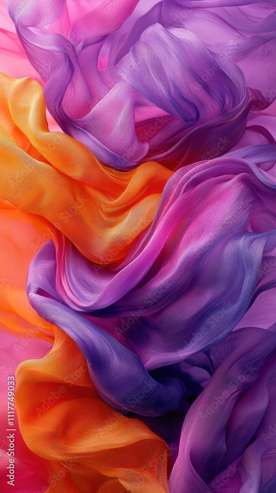 Fototapeta premium Colorful flowing fabric creates a vibrant abstract pattern with shades of orange, purple, and pink