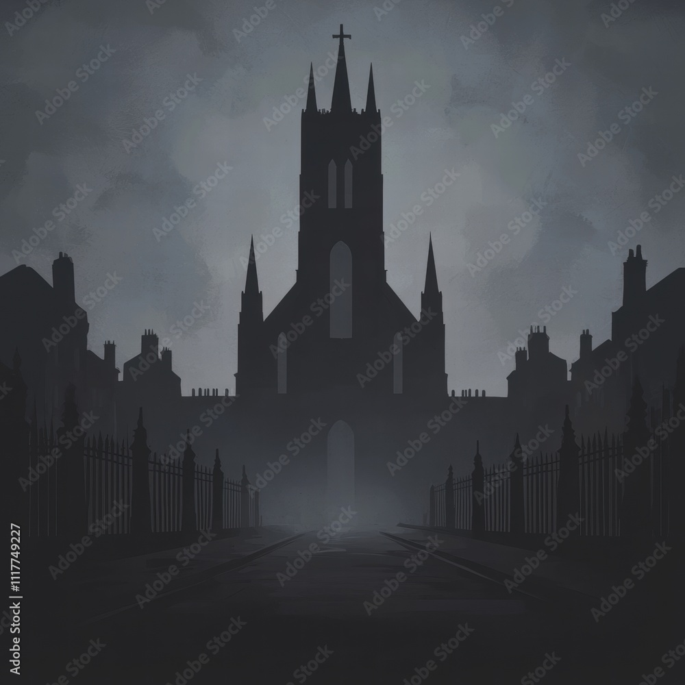 Obraz premium A dark, atmospheric silhouette of a gothic cathedral surrounded by mist and a wrought-iron fence, evoking mystery and intrigue.