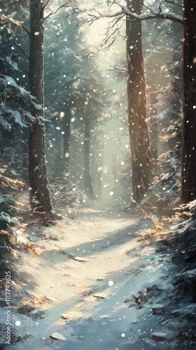 Snowy winding path in mountain forest with sunlit evergreens