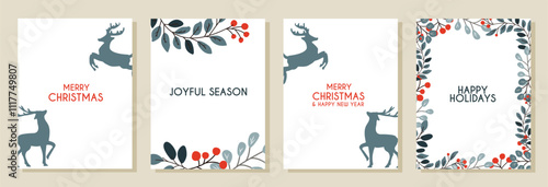 Holiday cards with deer, rowan branches and berries frames and greeting inscriptions. Modern universal art templates. Vector illustration.