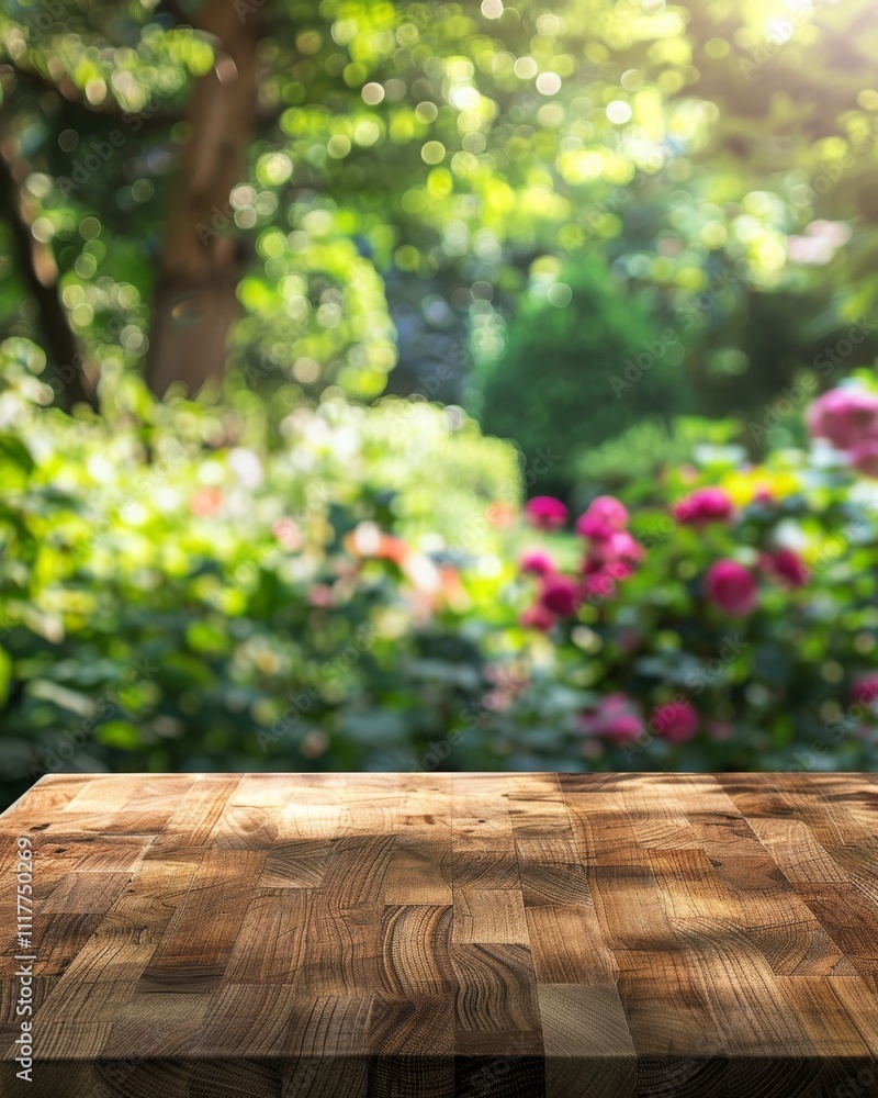 Selective focus.End grain wood counter top with cutting board on blur greeny flower garden in morning with nature light. MZ Selective focus.End grain wood counter top with cutting board on blur greeny flower garden in morning with nature light. MZ