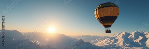 The sun casts a warm glow on the snowy peaks as a hot air balloon drifts lazily above the frozen terrain, icy peaks, serene scene