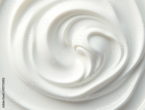 Close up of white natural creamy vanilla swirl yogurt. Top view. Generative AI 