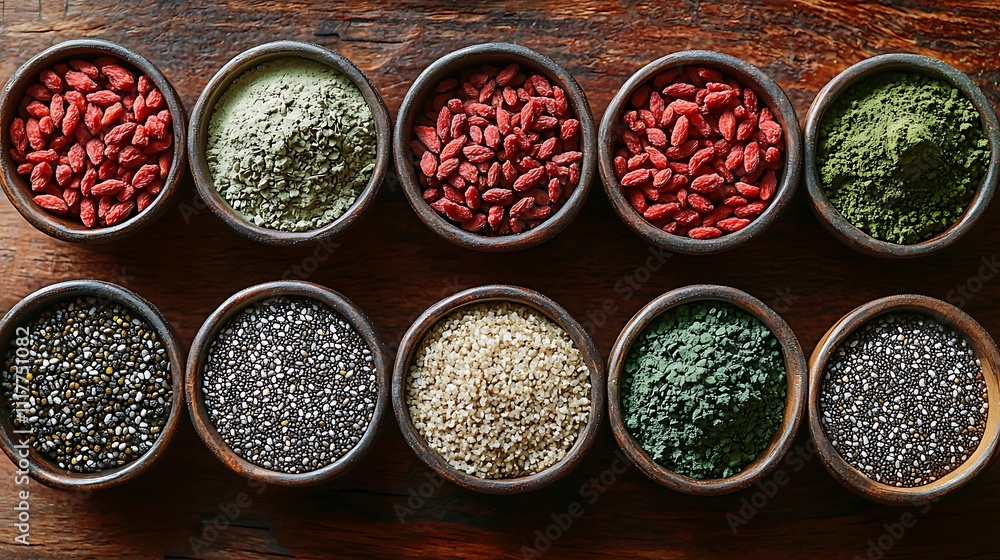 Top view of various superfoods in small bowls on a wooden surface. Top view of various superfoods in small bowls on a wooden surface.