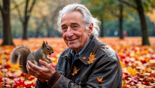 Cheerful elderly man holding a squirrel amid colorful autumn leaves in a park
 photo