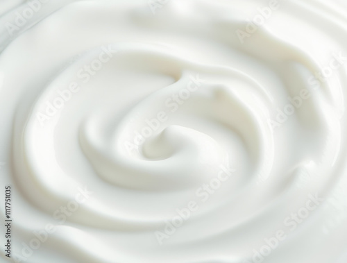Close up of white natural creamy vanilla swirl yogurt. Top view. Generative AI
