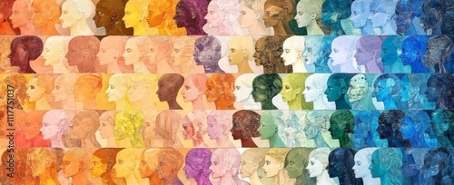 A dynamic and colorful arrangement of different faces, symbolizing the diversity in Women's History Month, created using geometric patterns. photo