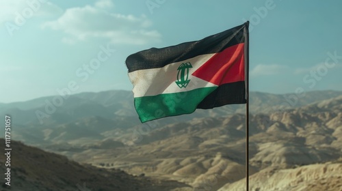 The Palestine flag waving in front of a majestic mountain range, capturing the spirit of resilience and strength,