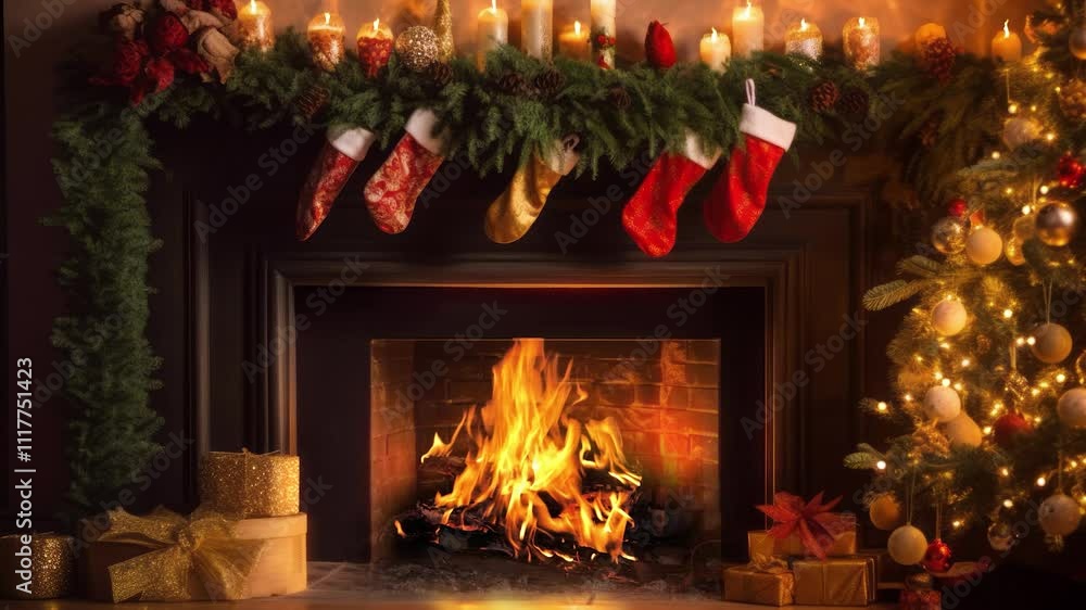 In this inviting Christmas scene, a warm and cozy holiday atmosphere envelops the room. Dominating the setting is a grand, majestic fireplace, exuding timeless elegance and charm In this inviting Christmas scene, a warm and cozy holiday atmosphere envelops the room. Dominating the setting is a grand, majestic fireplace, exuding timeless elegance and charm