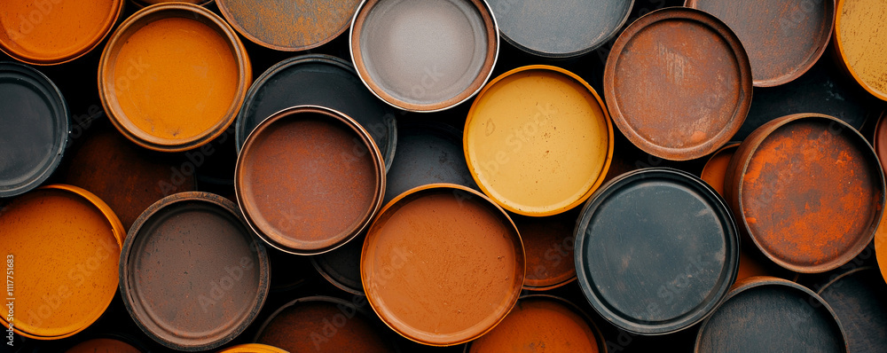Collection of weathered paint cans in various earthy tones. Collection of weathered paint cans in various earthy tones.