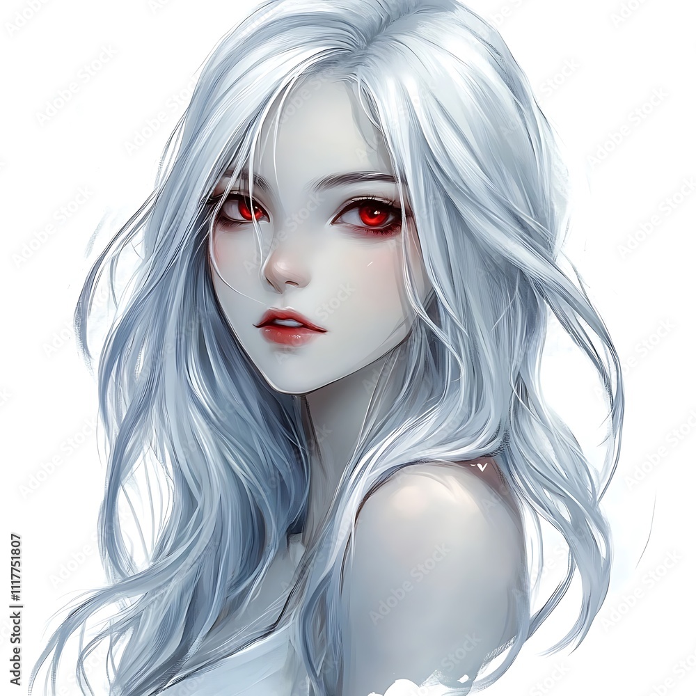 Fototapeta premium Silver Hair Anime girl with red eyes, on a white background.