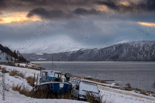Landscape with a car and boat, Harstad, Norway