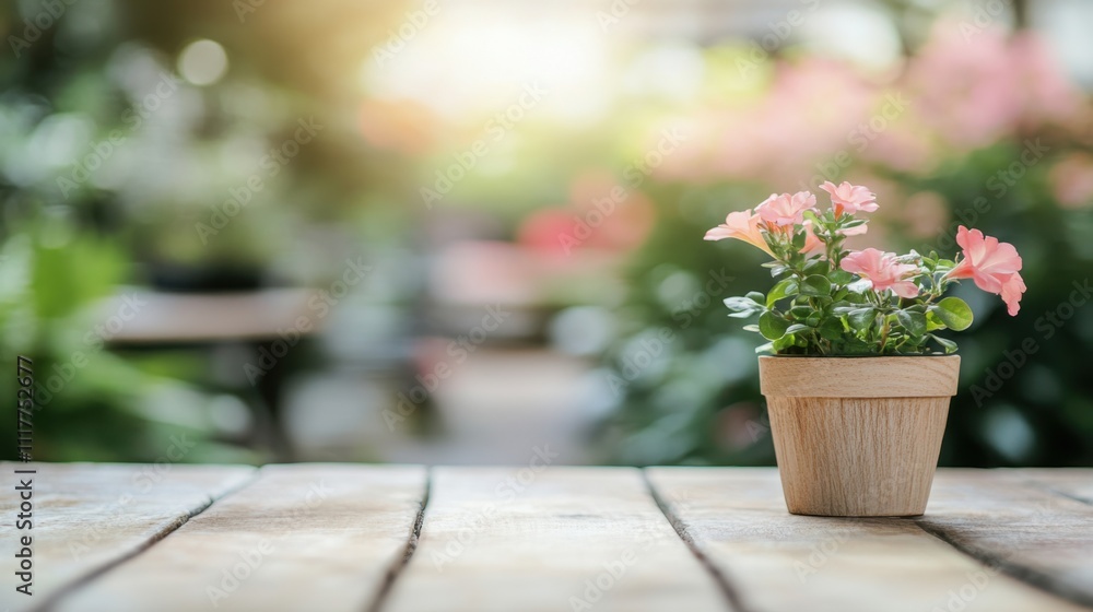 Delicate pink flowers in a wooden pot on a rustic wooden table, blurred garden background. Delicate pink flowers in a wooden pot on a rustic wooden table, blurred garden background.