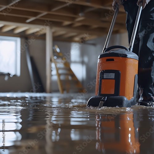 Worker using a water extraction pump to remove floodwater from a basement during a home renovation.