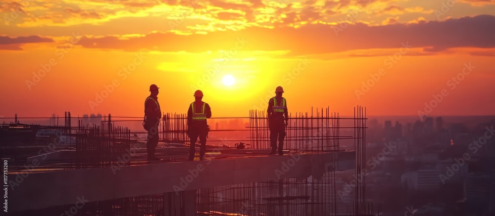 Fototapeta premium Three construction workers stand on the edge of a rooftop as the sun sets over the city, with a view of the cityscape in the background.