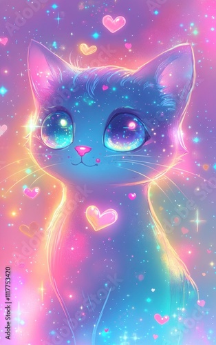 Cute glowing kitten with hearts.