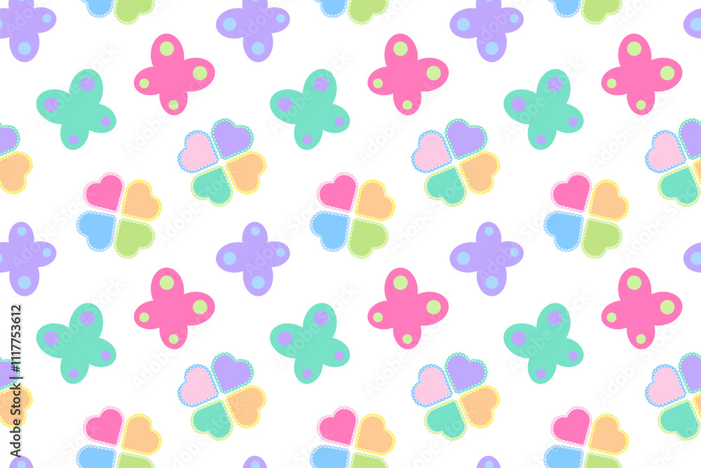 A seamless pattern featuring colorful heart-shaped flowers and whimsical butterflies on a white background. A seamless pattern featuring colorful heart-shaped flowers and whimsical butterflies on a white background.