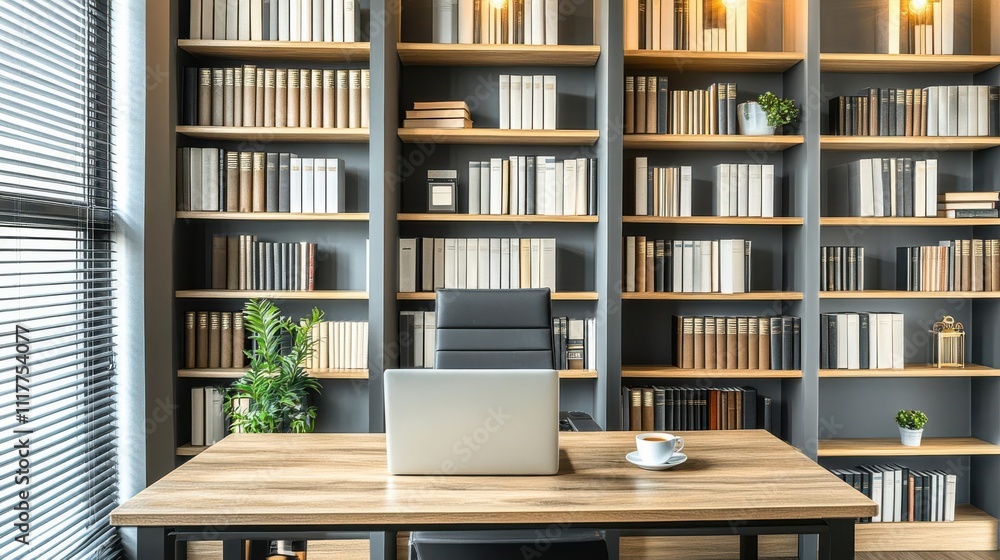 A modern office space with a desk, laptop, and bookshelves filled with books. A modern office space with a desk, laptop, and bookshelves filled with books.