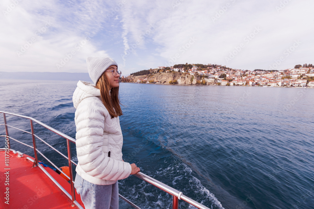 Serene View of Ohrid Town from a Boat on Lake Ohrid