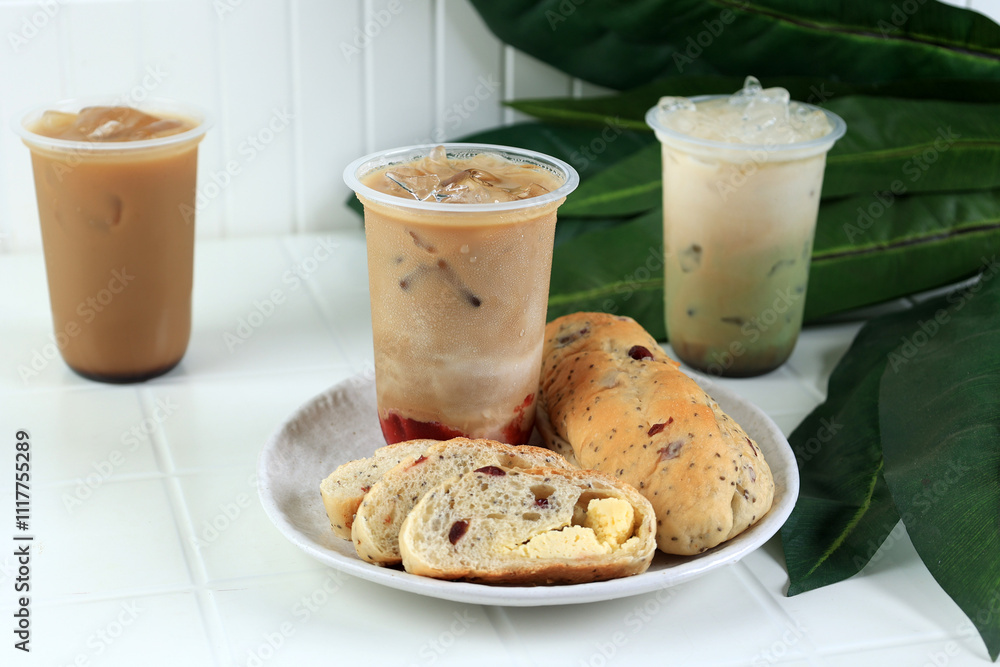 Sliced Cranberry Cream Cheese Bread with Strawberry Coffee Latte
