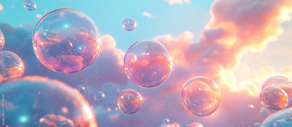 A dreamy scene featuring floating bubbles against a colorful sky with soft clouds. A dreamy scene featuring floating bubbles against a colorful sky with soft clouds.