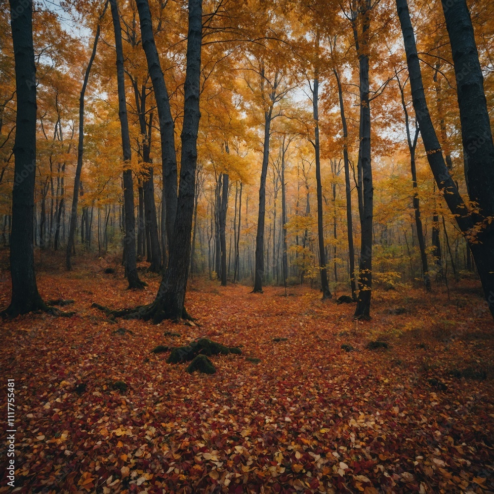 Naklejka premium A colorful autumn forest with leaves falling from the trees.