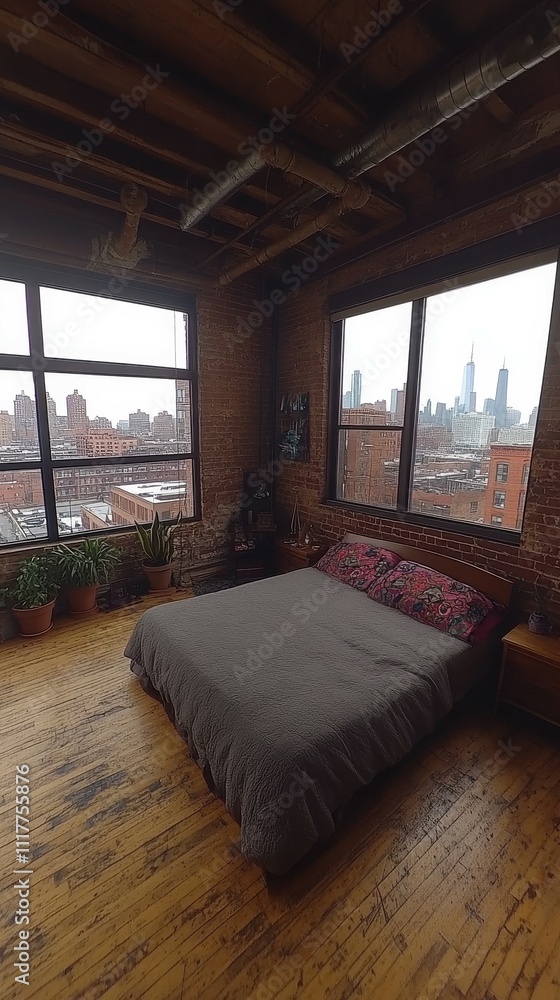 Fototapeta premium A cozy, modern bedroom features a bed with simple linens, surrounded by plants. Large windows showcase a cloudy urban skyline, enhancing the loft's charm